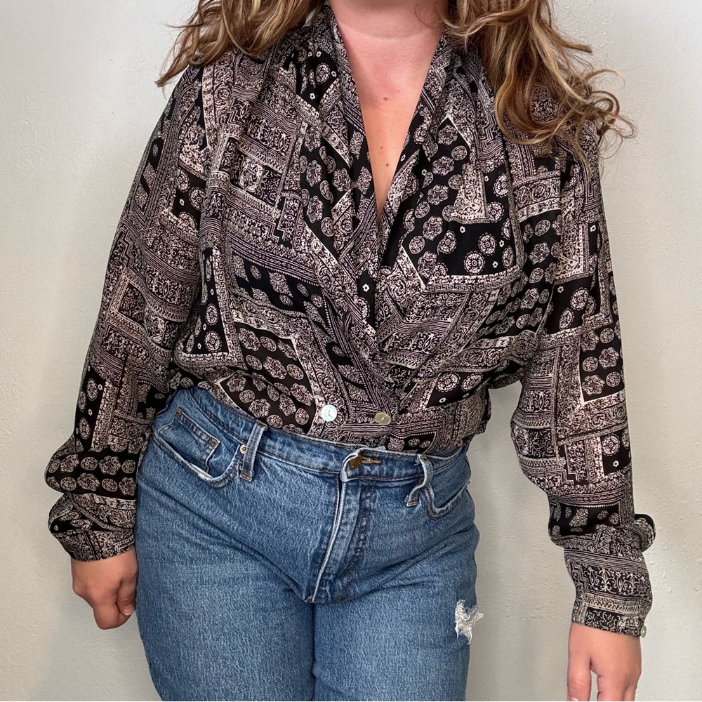 Vtg Susan Hutton Black & White Button Down Double Breasted Blouse Size 14 - Picture 1 of 10